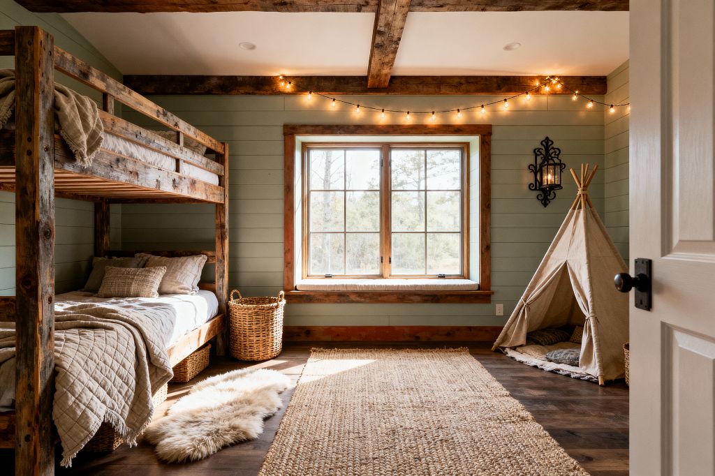 A kids’ bedroom with rustic character features a rough-hewn wood bunk bed on the left, sage-green shiplap walls, and a central window framed in timber with a cushioned sill. Exposed ceiling beams with warm string lights, a black wrought-iron wall sconce, a jute rug layered with a small sheepskin, woven baskets, and a canvas teepee with floor cushions sit on dark plank flooring, creating a cozy, softly lit space for sleeping, reading, and play.
