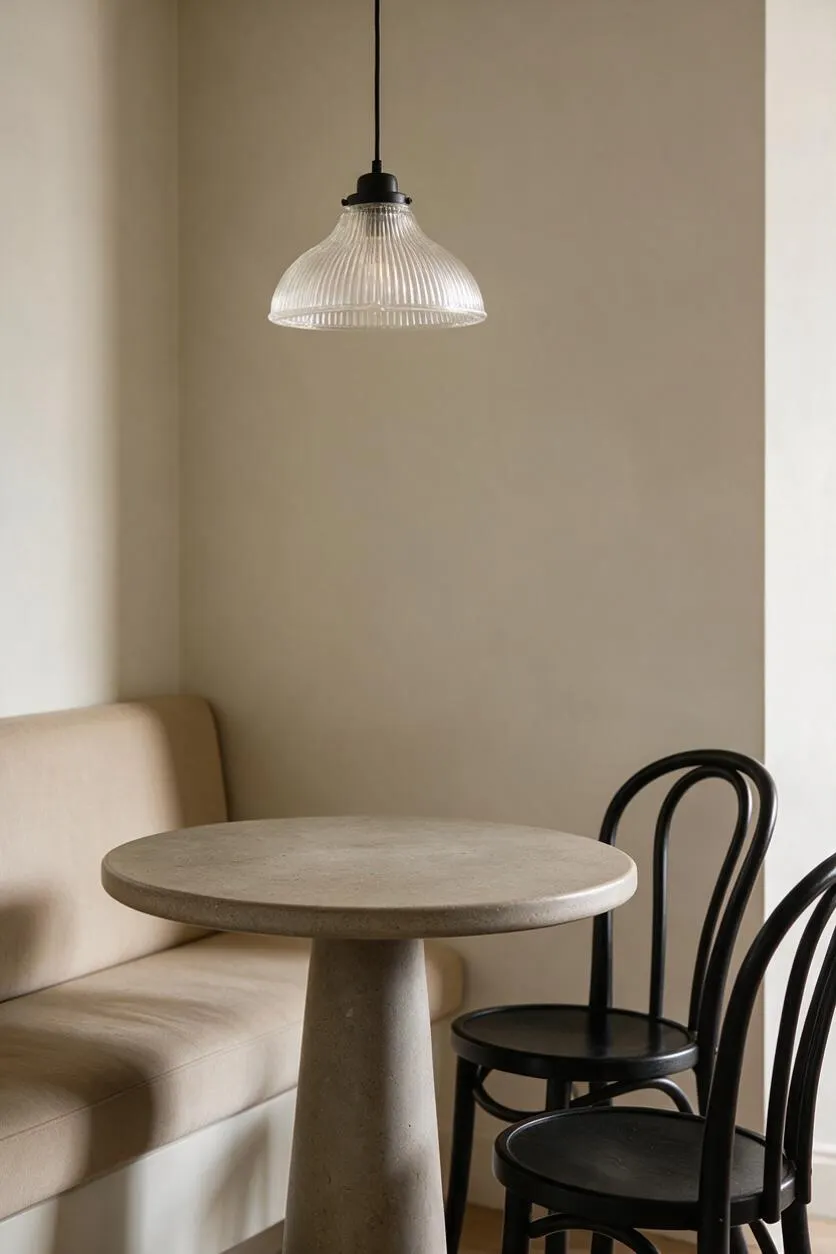 A small modern dining nook with a round pedestal table in a light stone finish, paired with a beige upholstered bench and two black bentwood-style chairs. A clear ribbed glass pendant hangs overhead, and the space is framed by soft neutral walls and a calm, minimalist palette.