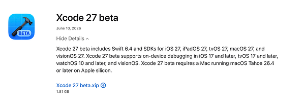 Screenshot of a macOS software update window showing the download of Xcode 27 beta version 27.0 beta 1.