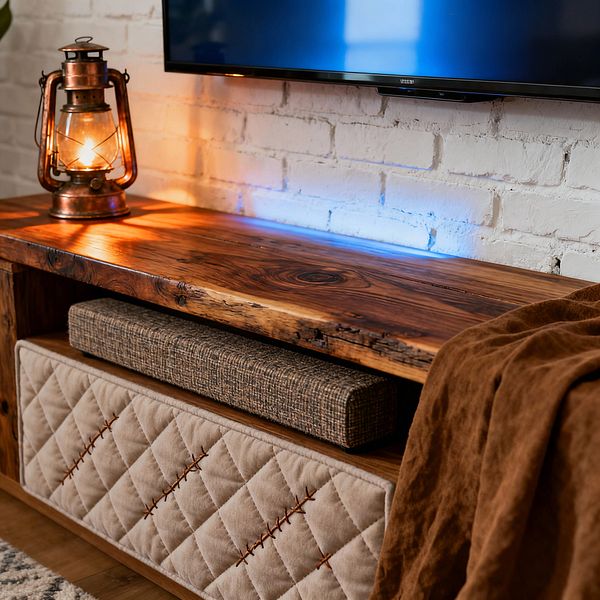 A farmhouse-style media nook shows a wall-mounted flat-screen above a thick reclaimed wood console with visible knots and a live-edge surface. A lit vintage copper lantern warms the left side while cool blue LED backlighting washes the white painted brick; below the shelf, a tweed-covered soundbar sits over cabinet fronts upholstered in beige quilted fabric with cross-stitch lacing, and a soft brown throw is draped over the corner.