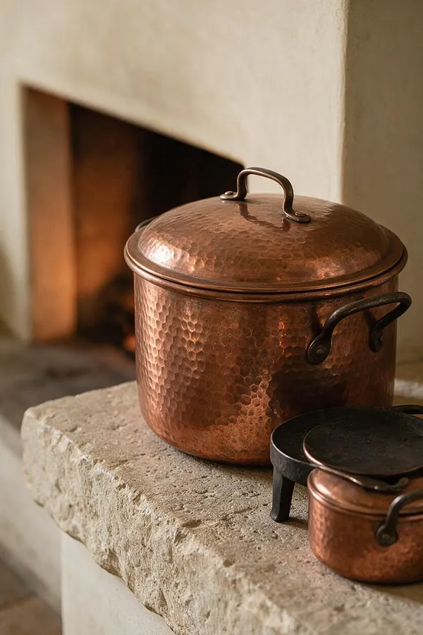 A set of hammered copper cookware sits on a rough stone ledge in front of a softly glowing fireplace. The largest pot has a domed lid and dark metal handles, with two smaller copper pieces beside it, creating a warm, rustic French Country look.