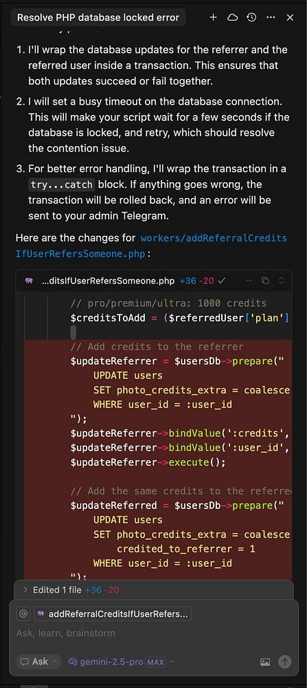 The image displays a code snippet and notes related to resolving a PHP database locking error.