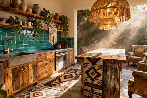 A sunlit Bohemian kitchen features reclaimed wood cabinets, a weathered island with a kilim runner, and a teal square zellige tile backsplash. A concrete farmhouse sink and poured-concrete counter sit beneath a brass faucet, with open wooden shelves holding pottery and cascading green plants. Woven rattan pendant lights hang above, macramé decor softens the wall, and patterned cement tiles lead to a cozy nook with vintage armchairs.