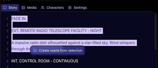 The image displays a script editing interface with a scene description and a contextual menu option.