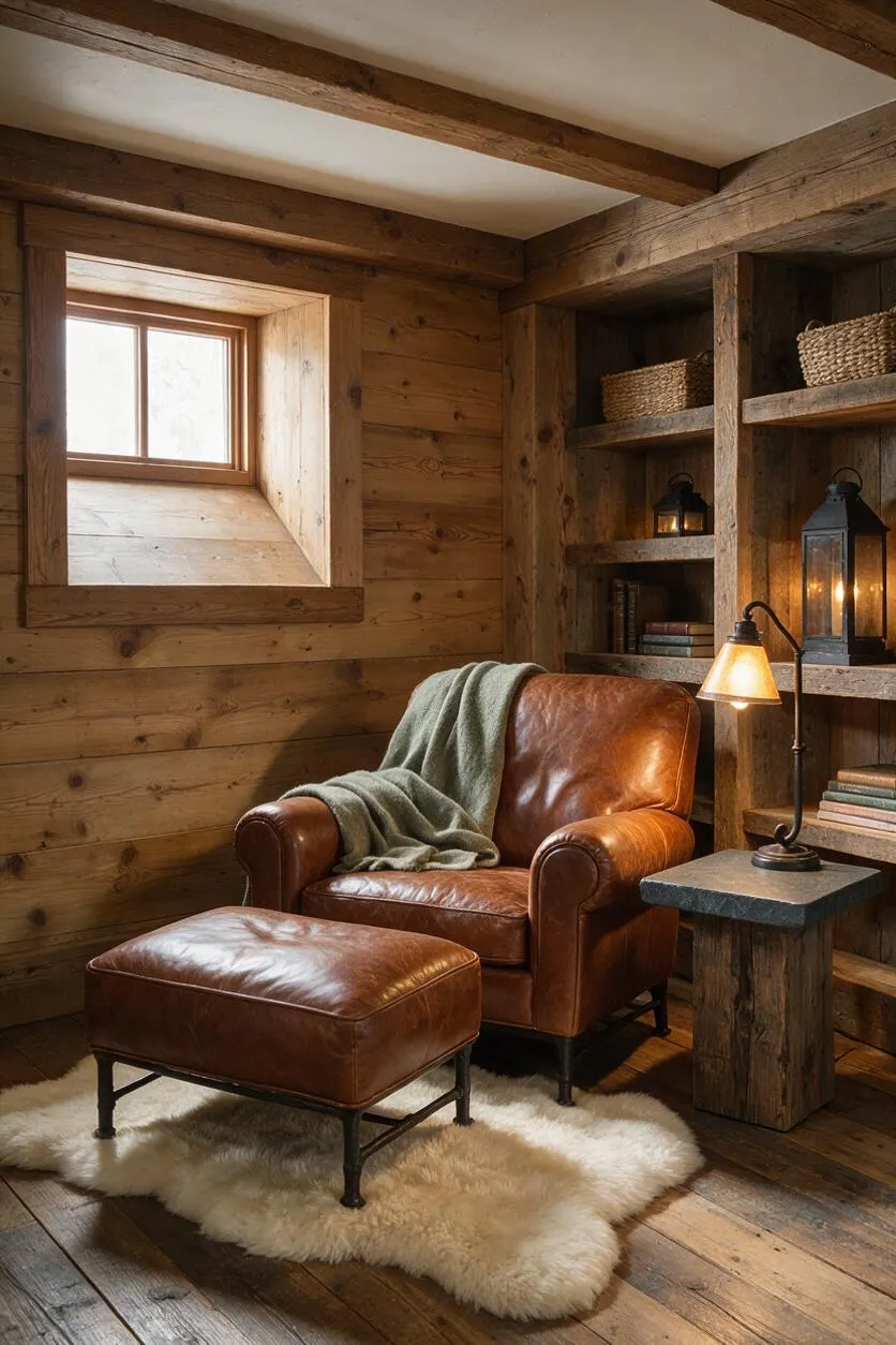 A rustic basement reading nook with warm wood-paneled walls and exposed ceiling beams, centered around a brown leather armchair and matching ottoman on a cream sheepskin rug. Built-in wooden shelves hold woven baskets, books, and lanterns, while a small side table and glowing lamp add a soft, cozy light beside a small window.