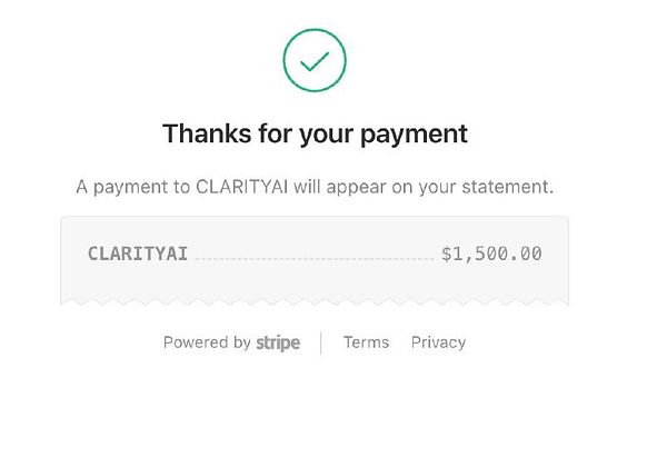 A payment confirmation screen for a transaction to Clarity AI.