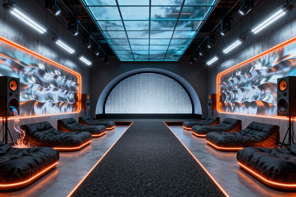 A symmetrical cyberpunk media room features low black chaise lounges underlit with neon orange, flanking a central dark carpet aisle between polished concrete runways. Wavy brushed-metal wall panels outlined by orange LEDs and tall floor speakers line both sides, while a large arched pixel LED screen spans the back wall beneath a glass grid ceiling and exposed lighting truss that washes the gray concrete envelope in cool blue light.