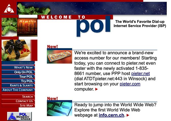 The image displays a webpage for a dial-up Internet Service Provider (ISP) named POL, featuring announcements and navigation options.