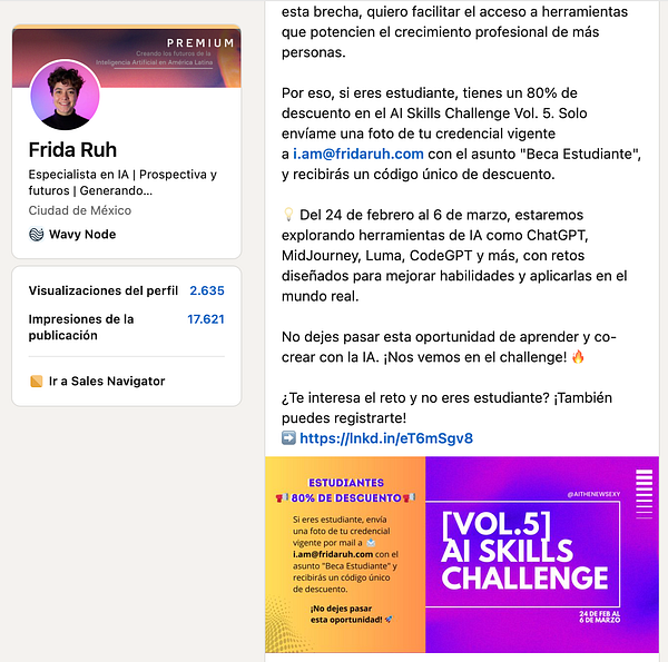The image promotes an AI Skills Challenge for students, highlighting a discount offer and event details.