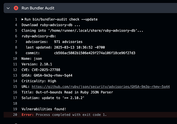 The image displays a terminal output from running the Bundler Audit tool, indicating a vulnerability found in the JSON gem.