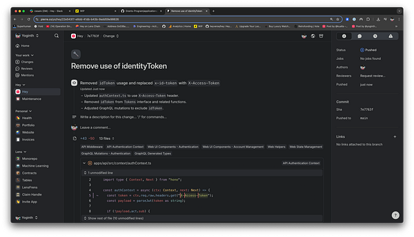 The image displays a code review interface showing changes made to a codebase regarding the removal of 'identityToken'.