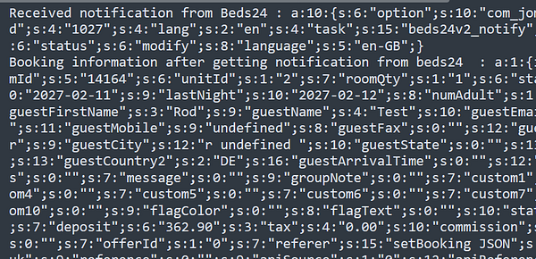 Screenshot of a server log showing room allocation events triggered by a channel manager for client #jomresplugins.