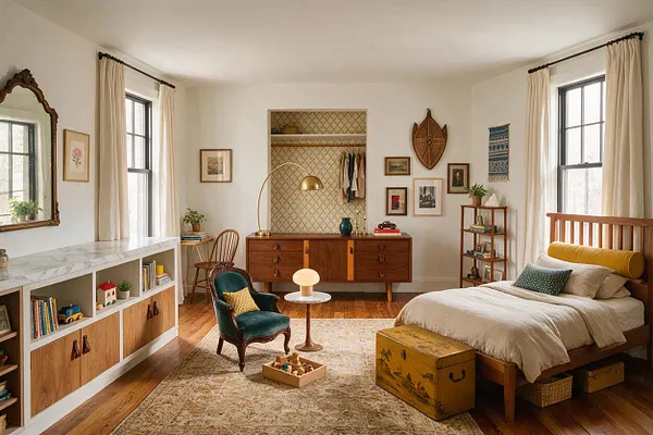 A bright kids' room blends vintage and eclectic pieces, including a wood bed with cream bedding, a teal velvet chair, a marble-topped storage cabinet, and a yellow painted trunk. The room has large windows with cream curtains, a patterned rug, framed art, a brass floor lamp, and warm hardwood floors.