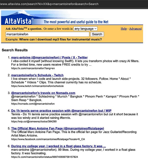 Screenshot of AltaVista search results page styled in classic 1990s web design.