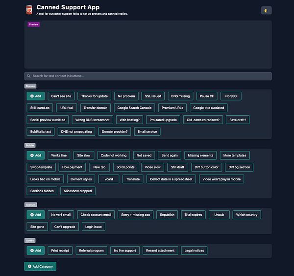 The image displays a user interface for a Canned Support App designed for customer support with various preset replies organized by categories.