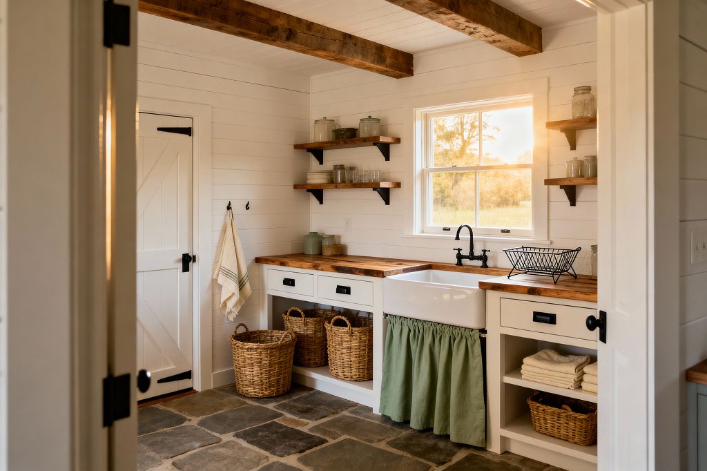 A rustic laundry room features white shiplap walls and exposed wood ceiling beams over an L-shaped counter of white cabinetry topped with butcher-block. A fireclay farmhouse sink with a black faucet sits under a window, with open wood shelves holding dishes and jars. The slate flagstone floor, rattan baskets, towel hooks, and a white barn door complete the cozy, functional space, with a sage-green skirt concealing storage beneath the sink.