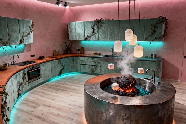A surreal kitchen features curved sage-green cabinets and terracotta countertops against pink plaster walls with cyan LED accents. At center, a patinated metal island forms a circular basin holding a steaming, lava-like black sphere with glowing cubes that appear to float. Three alabaster pendants hang overhead, vines drape the cabinetry, and light oak floors ground the space, with a gas cooktop, built-in oven, and twin faucets completing the scene.
