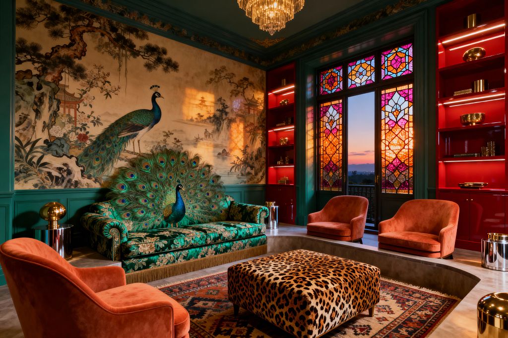 A maximalist living room with teal millwork and a large chinoiserie wall mural of peacocks. An emerald floral sofa sits in front with a peacock display fanning across the back. A sunken conversation pit holds a leopard-print ottoman on a patterned rug, surrounded by coral velvet chairs. Red lacquered built-in shelves with brass objects and LED lighting flank jewel-toned stained-glass doors, while a crystal chandelier hangs overhead at sunset.