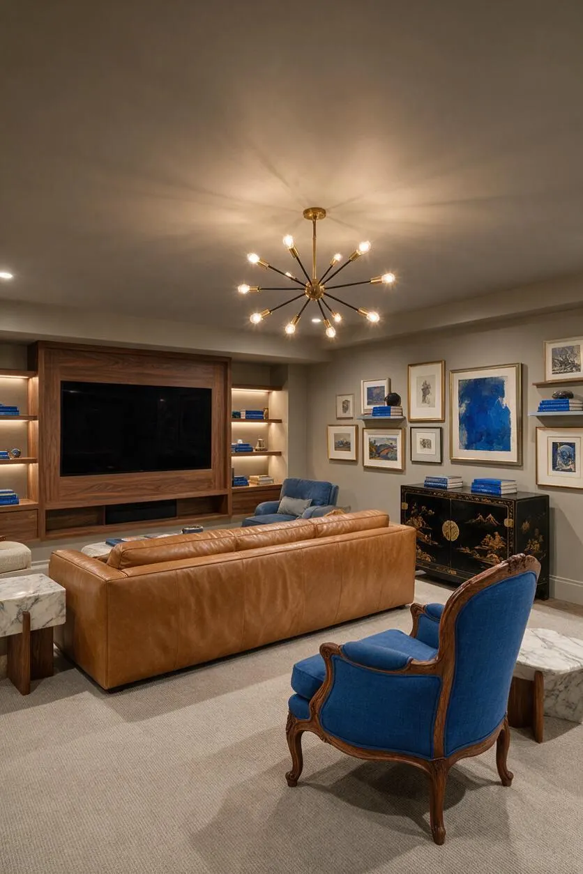 A stylish eclectic media room featuring a large wood-framed TV wall with built-in shelving, a tan leather sofa, a royal blue upholstered accent chair, and a brass starburst chandelier overhead. The walls display an arranged gallery of framed art, and dark decorative cabinetry adds contrast to the soft neutral carpet and warm, layered lighting.