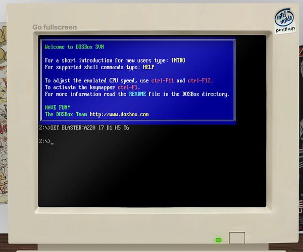 A DOSBox interface displayed on a vintage computer monitor, showing a welcome message and command prompts.