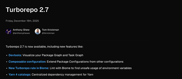 The image displays a blog post about the release of Turborepo 2.7.