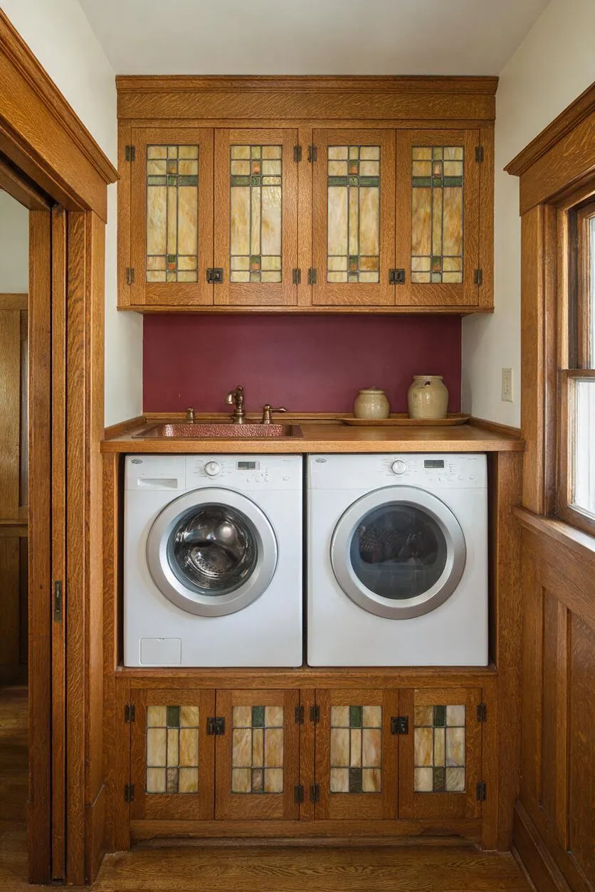 A narrow Craftsman-style laundry room with stacked wood cabinetry framing two front-loading white machines, a copper-toned sink counter, and a deep plum backsplash. Leaded glass cabinet doors with amber and green tones add decorative detail, while rich wood trim and built-in millwork create a warm, custom feel.