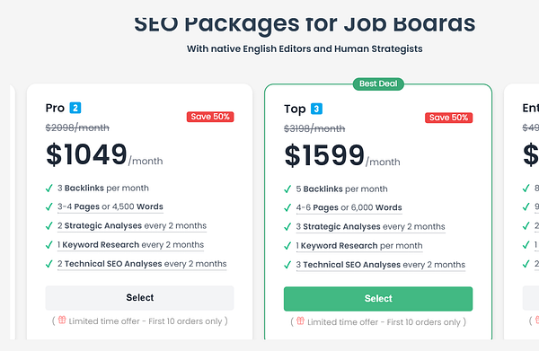 The image displays a comparison of SEO packages for job boards, highlighting pricing and features.