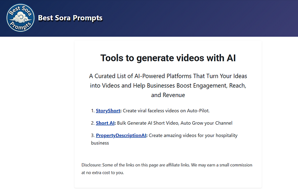 The image displays a webpage titled 'Best Sora Prompts' featuring a list of AI tools for video generation.