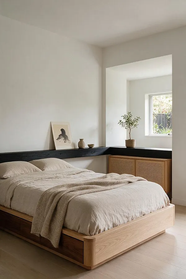 A minimalist guest bedroom with a low oak platform bed dressed in soft beige bedding and a textured throw. A dark horizontal shelf runs along the wall behind the bed, with simple pottery, a framed artwork, and a small potted plant near a large window opening into a brighter adjoining space.