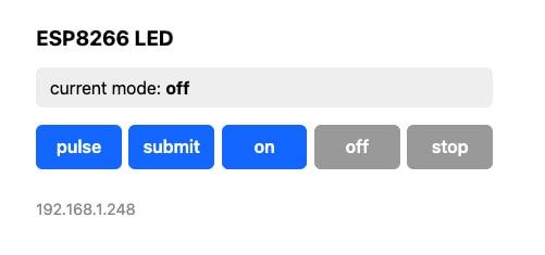 A webpage interface showing a simple API endpoint to control an LED flash with related controls and a results display area.