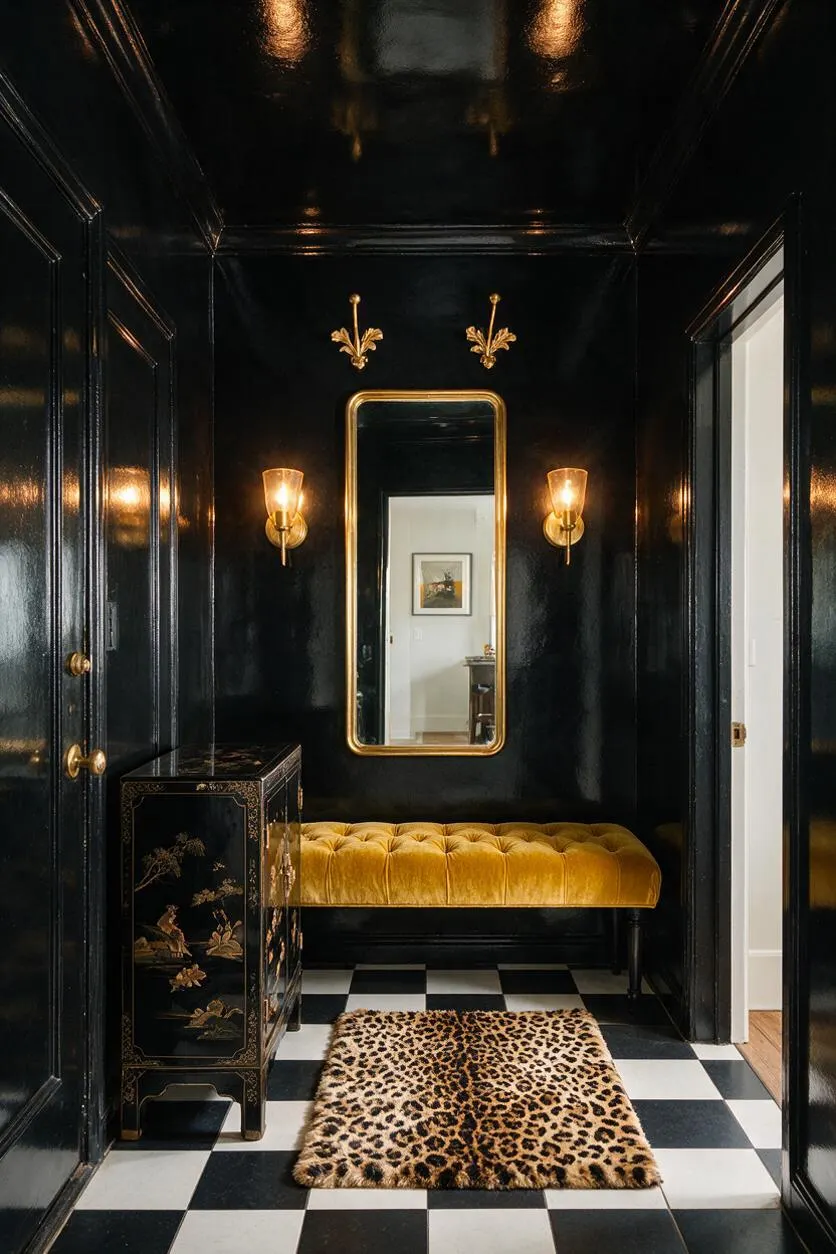 A dramatic entryway with glossy black lacquered walls and ceiling, a black-and-white checkered floor, and a gold-framed mirror centered between two brass wall sconces. A mustard velvet bench sits beneath the mirror, a painted black cabinet stands to one side, and a leopard-print rug adds bold pattern and texture.