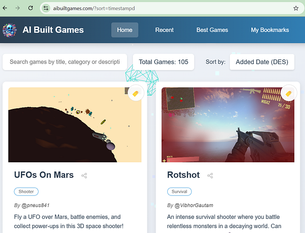 The image displays a webpage showcasing two games on the AI Built Games platform.