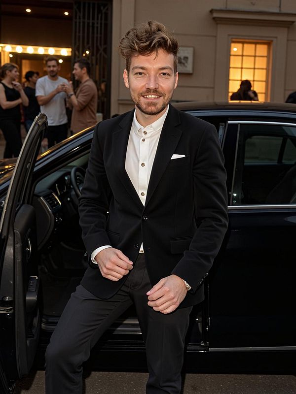 A well-dressed man is stepping out of a car at an event, smiling confidently.