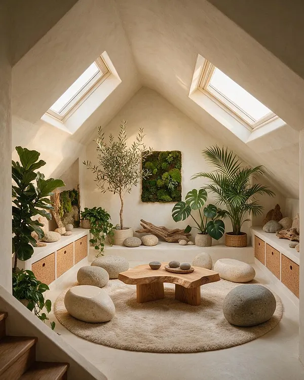 A cozy attic game room in a biophilic style with sloped white walls, two skylight windows, and abundant plants. The space features a round shag rug, sculptural wooden coffee table, pebble-like stools, natural wood shelves, woven baskets, stones, and a moss wall panel creating a calm indoor garden atmosphere.