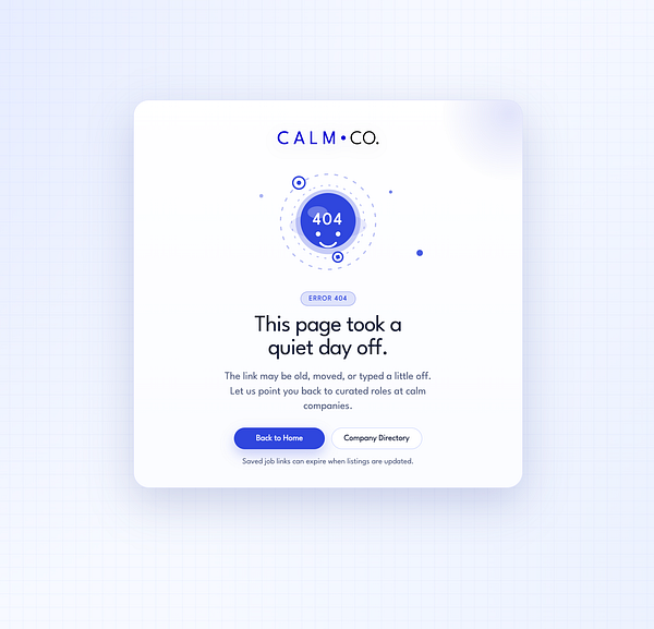 A modern 404 error page design with calming blue and white colors, includes a large '404' text, a message about the page not being found, and navigation links beneath it.