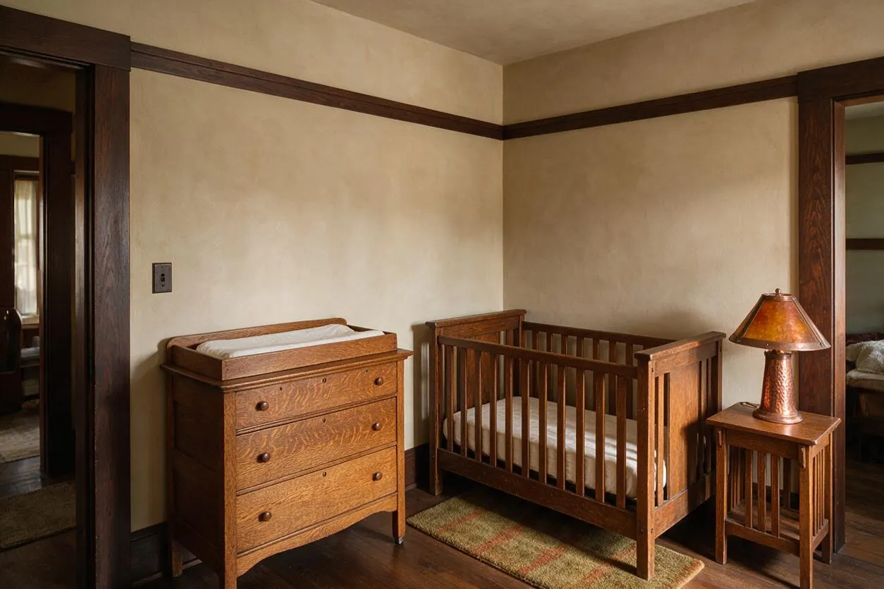 A Craftsman-style nursery with a wooden crib, matching dresser with changing topper, and a small side table holding a copper-toned lamp. The room features beige walls with dark wood trim, a hardwood floor, and a narrow patterned rug for a warm, traditional feel.