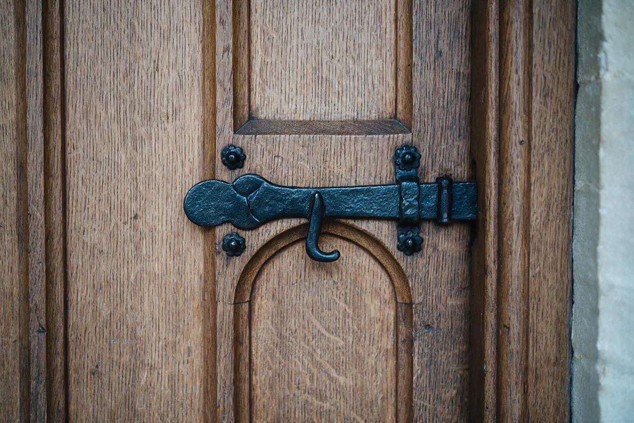 A close-up view of a medieval-style wooden door featuring vertical oak planks, carved panel detailing, and a dark wrought iron latch with a curved hook. The warm wood contrasts with the black metal hardware, creating a sturdy Gothic look.