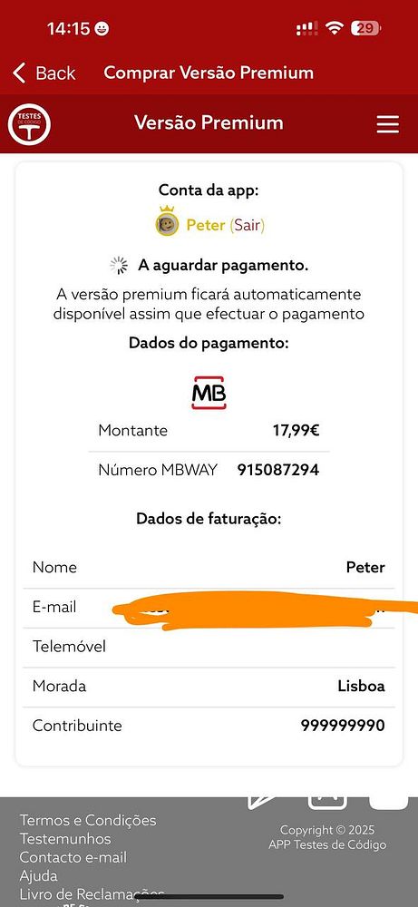 The image displays a mobile app interface for purchasing a premium version of a Portuguese driving test application.