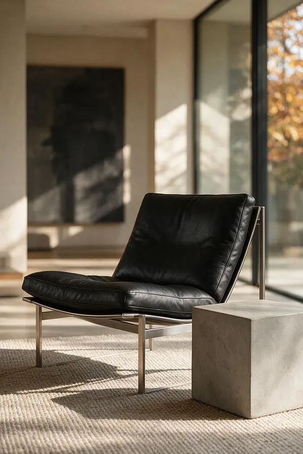 A modern lounge chair with a black leather seat and backrest sits on a textured rug beside a small concrete cube table. The room is filled with warm natural light from large windows, highlighting the chair’s slim metal frame and minimalist design.