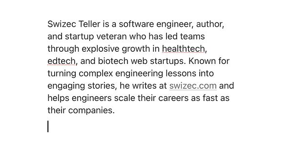 The image displays a professional bio for Swizec Teller, highlighting his expertise and contributions in the tech industry.