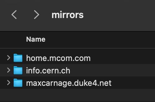 The image displays a file directory structure for site mirrors.