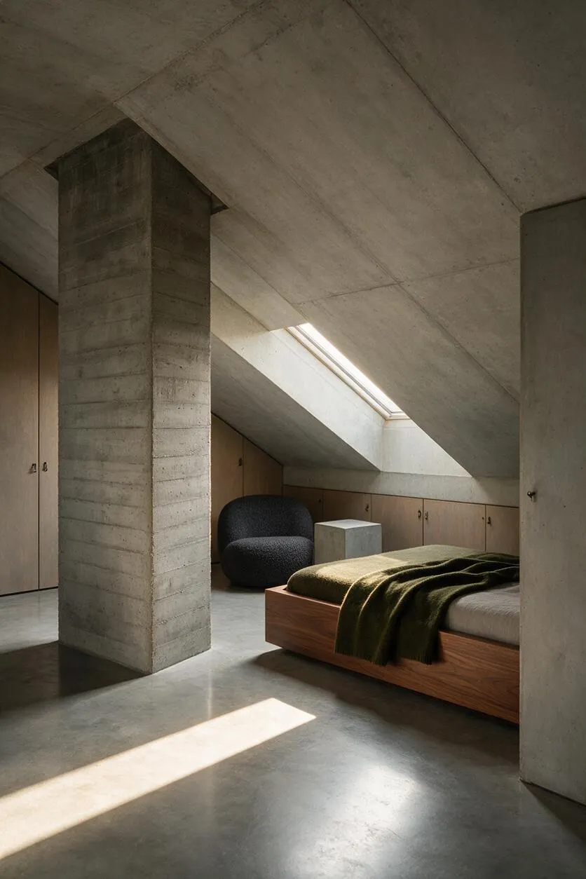 A minimalist kids' room beneath a sloped concrete ceiling, with a central raw concrete column, built-in wood storage along the walls, a low wooden bed with neutral bedding and an olive blanket, and a dark rounded lounge chair near a skylight. Sunlight enters through the roof window and casts bright bands across the polished floor.