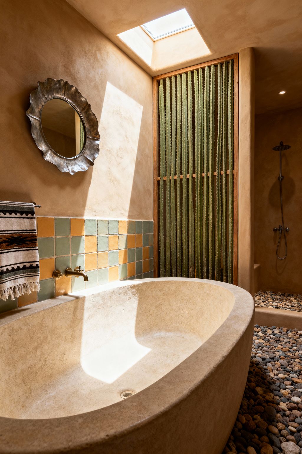 A Southwestern bathroom featuring an oval, light-beige stone soaking tub set within a floor of rounded river pebbles. A wall-mounted brass faucet sits above a short backsplash of handmade sage-green and terracotta tiles, next to a striped fringed towel. A round hammered-metal mirror hangs on smooth sand-colored plaster walls. Sunlight pours through a rectangular skylight, illuminating a wood-framed screen of vertical cactus stalks and an open shower with a dark bronze rain head.