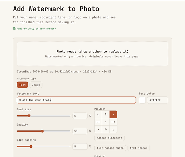 Screenshot of a watermark tool interface displaying image resizing and watermark customization options.