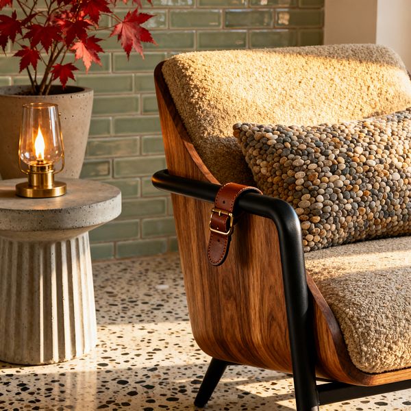 Close-up of a transitional patio corner with a walnut-toned wooden lounge chair on black metal legs, upholstered in sand-colored bouclé and styled with a pebble-textured lumbar pillow and a leather strap with brass buckle. A cast-concrete pedestal side table holds a small brass-and-glass oil lamp. Red foliage adds color against a wall of glossy sage green subway tiles, set above a speckled light terrazzo floor.