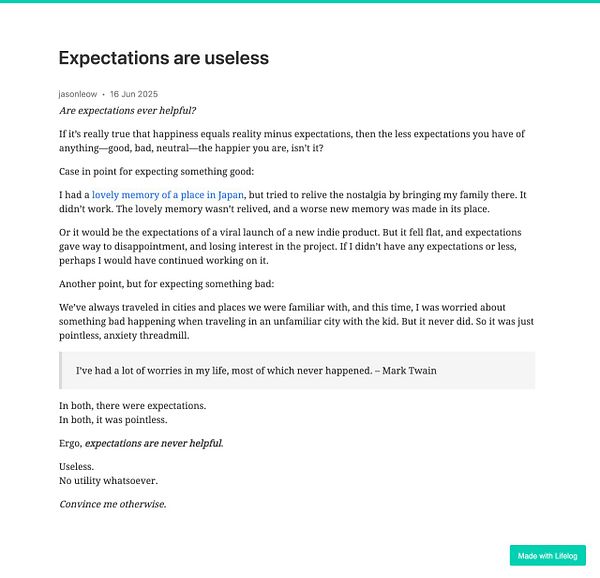 The image features a blog post discussing the futility of expectations in life.