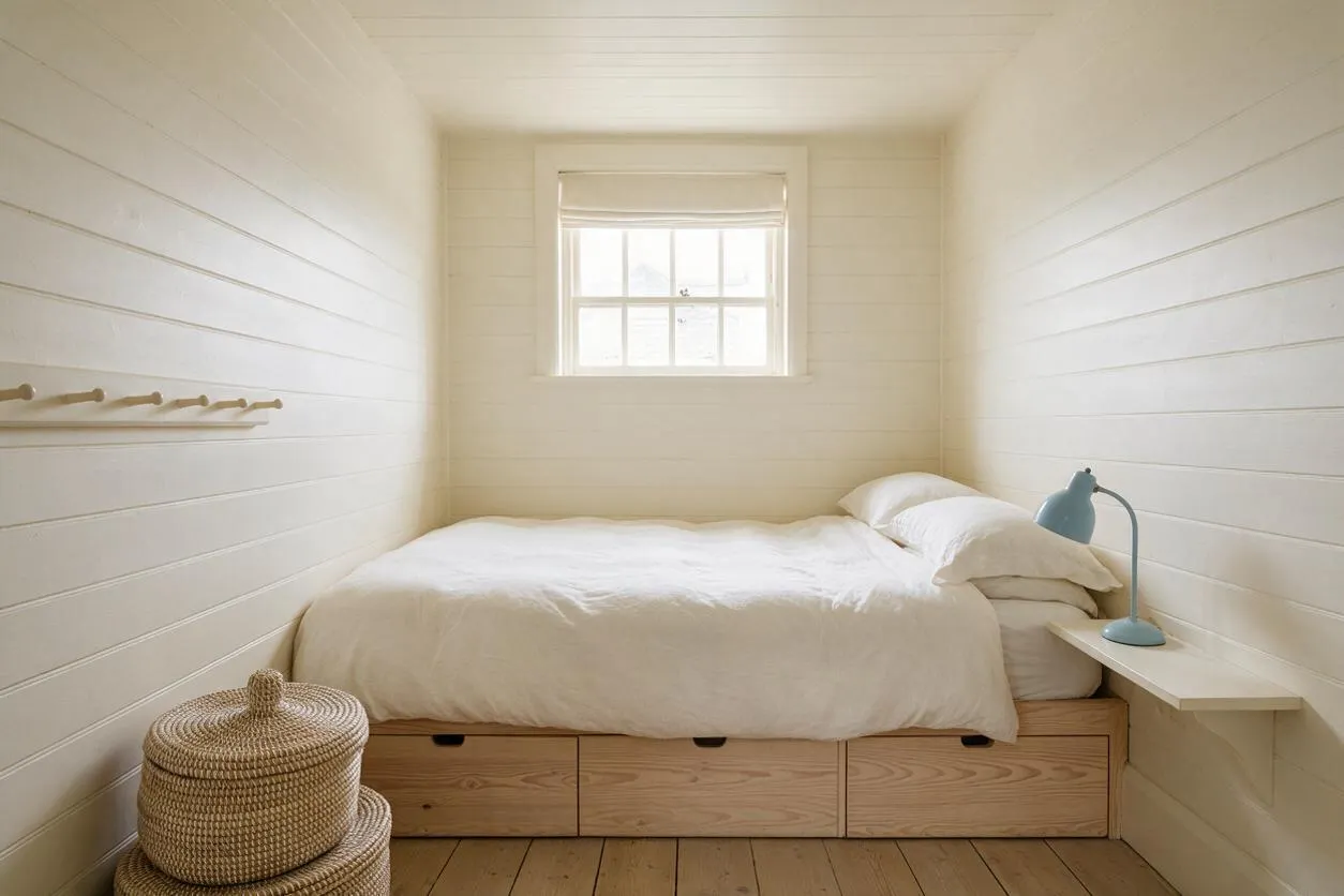 A narrow coastal guest bedroom with white shiplap walls, a small centered window, and a low platform bed dressed in white bedding. Light wood storage drawers sit beneath the bed, with a blue bedside lamp on a floating shelf and woven baskets adding natural texture.