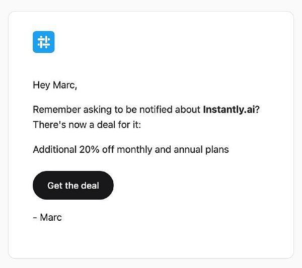 Notification email informing about a new deal for Instantly.ai with a 20% discount on plans.