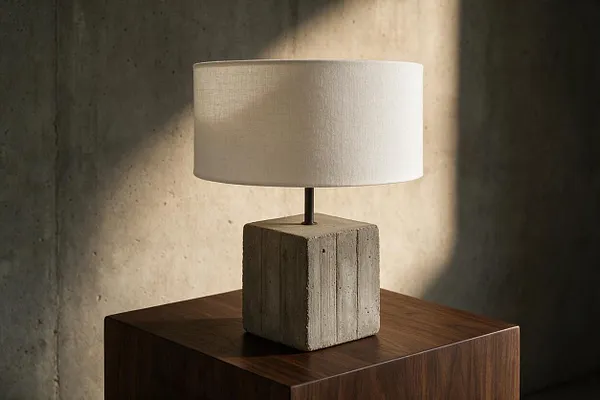 A Brutalist table lamp sits on a walnut pedestal, featuring a rough concrete cube base, a slim dark metal stem, and a cylindrical off-white linen shade. The backdrop is a textured concrete wall with warm directional light creating soft shadows.