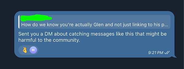 A chat message discussing concerns about identity verification and spam in a community.